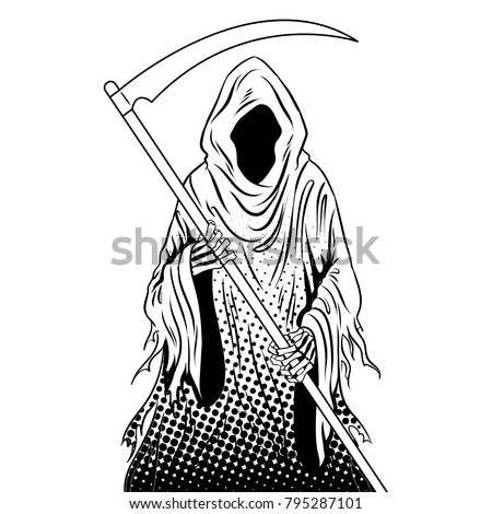 Grim reaper coloring raster illustration. Isolated image on white background. Comic book style imitation.