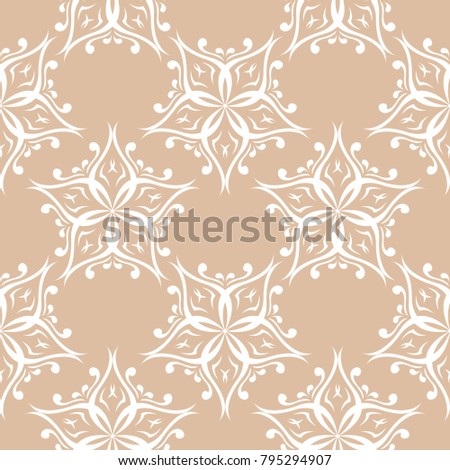 White floral design on beige background. Seamless pattern for textile and wallpapers