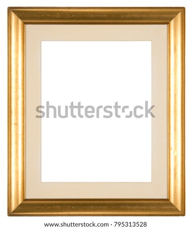 Large empty picture frame isolated on white with a distressed gold finish and a mount