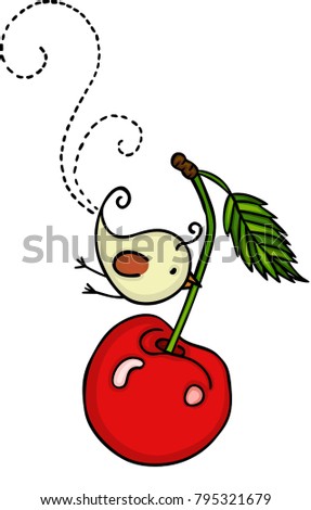 Little bird flying with a cherry