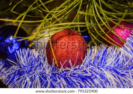 Christmas tree background and Christmas decorations. Happy New Year and Xmas theme.