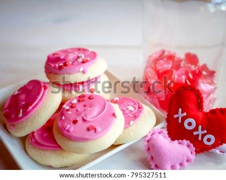Selective focus image of valentines cookie  on white table background,abstract background to valentine concept.