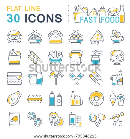 Set of vector line icons, sign and symbols with flat elements of fast food for modern concepts, web and apps. Collection of infographics logos and pictograms.