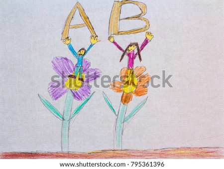 Children drawing of two people standing on flowers holding letters