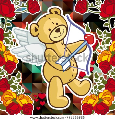 Cute teddy bear on a mosaic background with roses. The layout for greeting cards, Valentine Day cards, labels, tags, banners, flyers, ads.  Vector clip art.