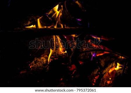 Closeup colorful fire flame, burning wood at the fireplace. Firewood log in the fire chimney, heating, warmth, fire, winter and cosiness concept