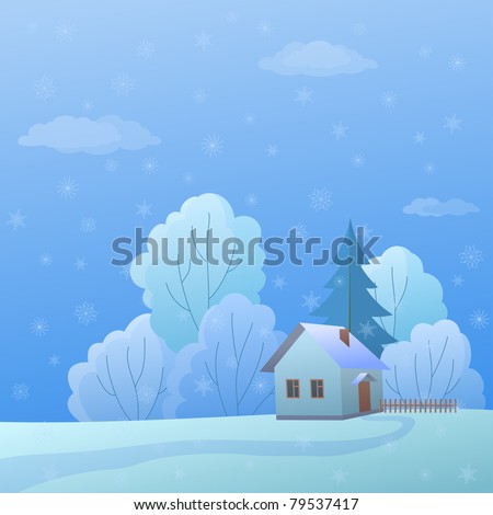 cartoon, winter landscape: country house in forest near to trees