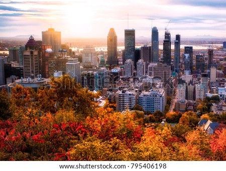 Montreal sunrise with colourful leaves Royalty-Free Stock Photo #795406198
