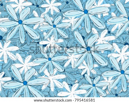 A tropical repeating floral pattern backdrop in blue tones