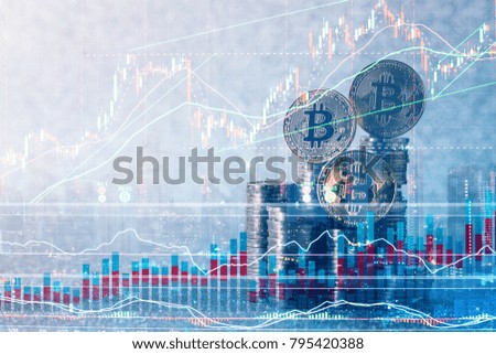 business financial ideas concept with money coin stack and bitcoin symbol on silver texture background