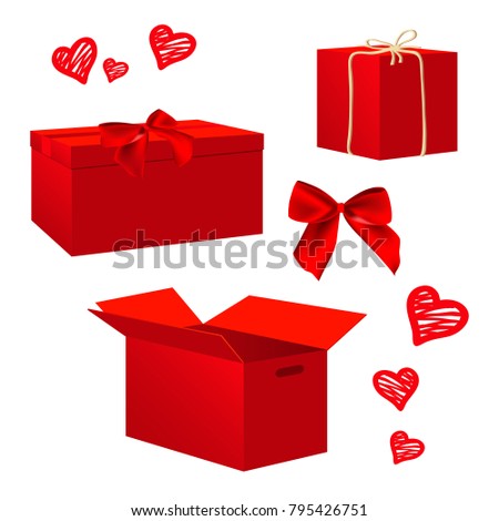 Realistic red gift boxes set for valentine's day designs. Opened and closed boxes. Box tied with red ribbon and bow or rope. Vector illustration isolated on white background