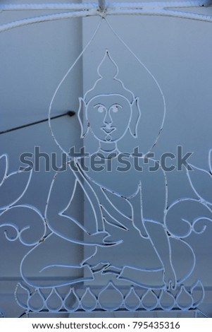 Curved steel of Buddha image and white background 