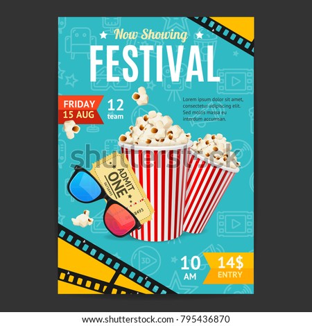 Cinema Movie Festival Placard Banner Card and Popcorn, Ticket, Glass for Ad, Invitation, Presentation. Vector illustration of Cinematography Royalty-Free Stock Photo #795436870