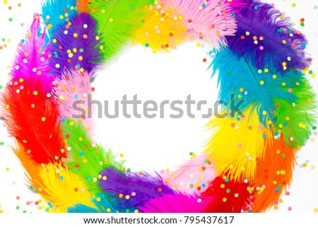 Poster for the Brazilian carnival. A circle, a wreath of feathers. White background. Isolated.