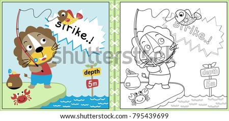 Vector cartoon of funny lion fishing with little crab, coloring page or book