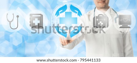 Healthcare Concept - Doctor points at caring icon with others showing health data record and medical examination technology display on blue abstract background.