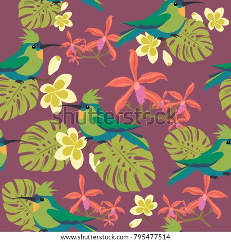 Beautiful seamless vector floral summer pattern background with tropical palm leaves, flowers and birds for wallpapers, web page backgrounds, surface textures, textile, wedding invitation, business ca