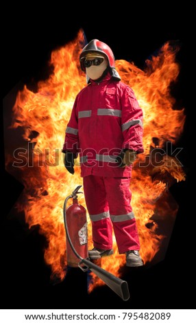 Firefighter with mask and fully protective suit on fire background