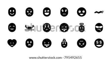 Character icons. set of 18 editable filled character icons: crazy emot, emoji showing tongue, showing tongue emot, dollar smiley, angry emoji, heart face, caterpillar