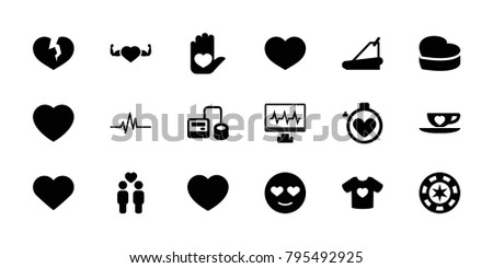 Heart icons. set of 18 editable filled heart icons: emot in love, casino chip, blod pressure tool, treadmill, heart with muscles, gay couple