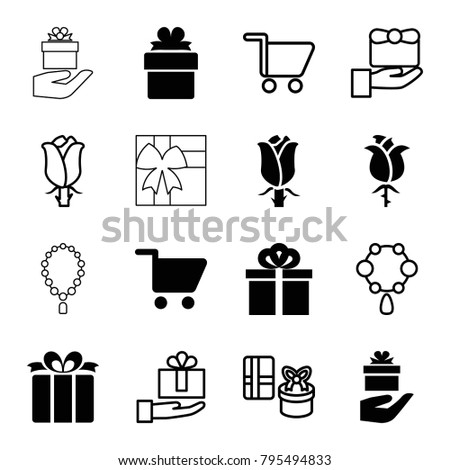 Present icons. set of 16 editable filled and outline present icons such as rose, present, gift, shopping cart, necklace