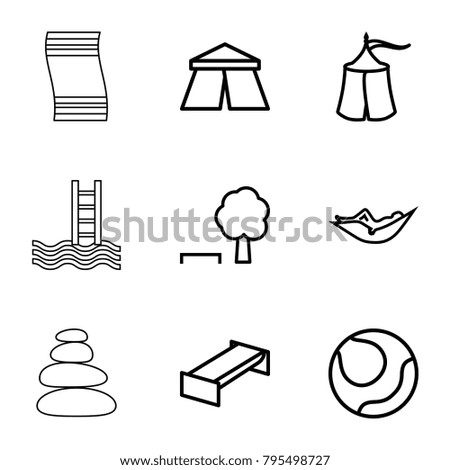 Relaxation icons. set of 9 editable outline relaxation icons such as garden bench, tent, woman in hammock, tree and bench, volleyball, spa stones, pool ladder