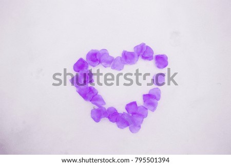 Flat lay photo of  , heart  made of red and violet purple rose flowers petals laid on white snow . Heart-symbol of love, Valentines Day , 14 February .Copy space photo.