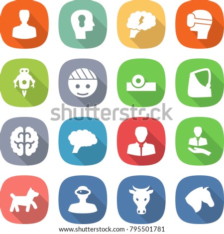 flat vector icon set - man vector, bulb head, brain, virtual mask, jet robot, bandaged, reflector, broken hand, client, dog, vr helmet, cow, horse