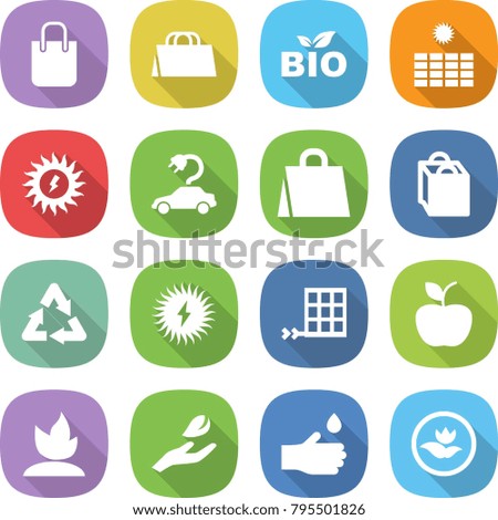 flat vector icon set - shopping bag vector, bio, sun power, electric car, recycle, solar, panel, apple, sprouting, hand leaf, drop, ecology