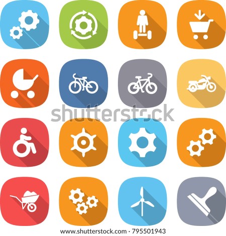 flat vector icon set - gear vector, around, hoverboard, add to cart, baby stroller, bike, motorcycle, invalid, handwheel, gears, wheelbarrow, windmill, scraper