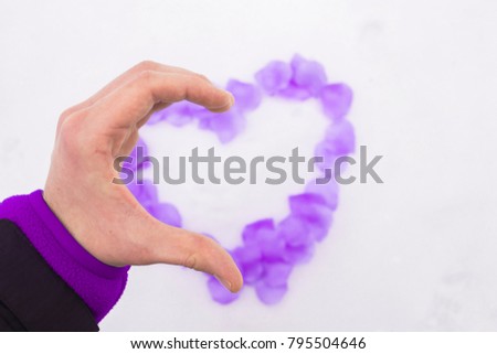 Flat lay photo of hand gesture half heart , in front of heart made of violet purple rose flowers petals on white snow . Heart-symbol of love, Valentines Day , 14 February .Copy space photo.