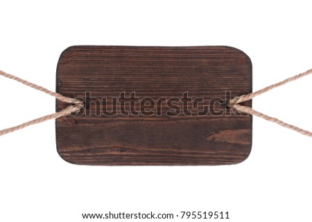 Sign, pointer made of blackboard, isolated on white background. Hanging on four ropes