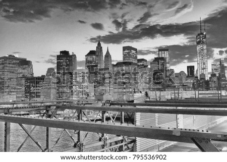 Night view of Downtown Manhattan from Brooklyn Bridge, New York City.