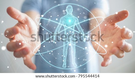 Businessman on blurred background using digital x-ray human body scan interface 3D rendering Royalty-Free Stock Photo #795544414