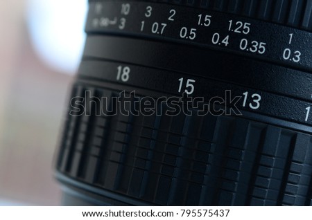 Fragment of a wide angle zoom lens for a modern SLR camera. The set of distance values is indicated by white numbers on the black body