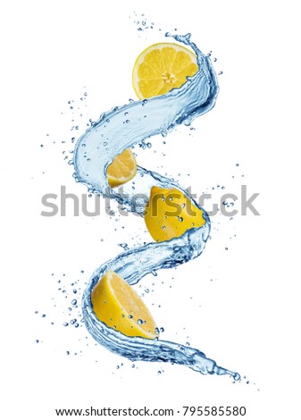 Pieces of lemon in water splashes. Fresh drink concept. High resolution image isolated on white background
