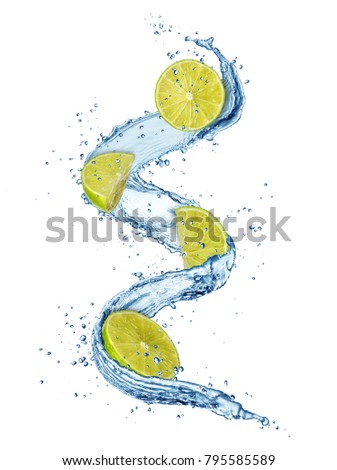 Pieces of limes in water splashes. Fresh drink concept. High resolution image isolated on white background