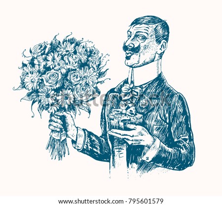 Elegant gentleman holding gift box and stretching out bouquet of flowers.Vintage stylized drawing. Vector Hand drawn illustration in a retro woodcut style
