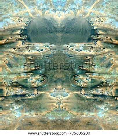 mitosis, Tribute to Dalí, abstract symmetrical vertical photograph of the deserts of Africa from the air, aerial view, abstract expressionism, mirror effect, symmetry, kaleidoscopic