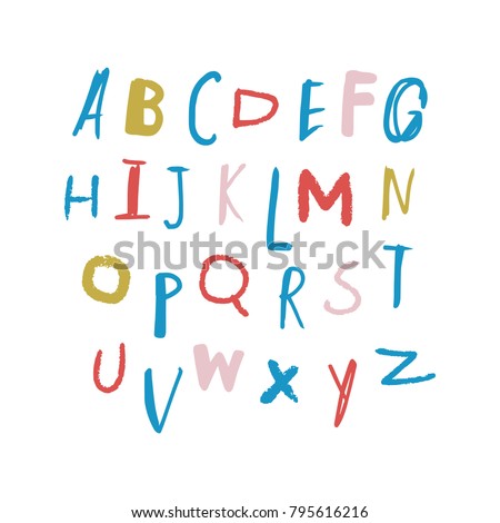 Vector painted font, funny typography, children ABC, isolated letters set. Alphabet, calligraphic, color.
