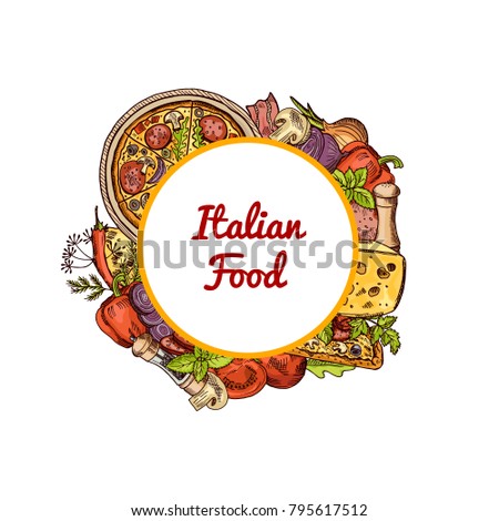 Vector sketched italian pizza, spices, vegetables and cheese around circle with place for text illustration