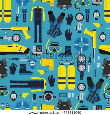 Vector underwater diving equipment pattern or background in flat style illustration