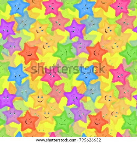 Seamless Pattern for Childish and Holiday Design, Colorful Cartoon Stars Smiley with Different Emotions Tile Background. Vector