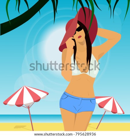 Girl on tropical beach vector illustration. Summer seascape. Woman sunbathing on the beach. Beautiful girl with red hat. Portrait of young pretty woman in bikini.