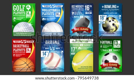 Sport Poster Set Vector. Golf, Baseball, Ice Hockey, Bowling, Basketball, Tennis, Soccer, Football. Banner Advertising. Event Announcement. Ball. A4 Size. Game Design. Sport Championship Illustration Royalty-Free Stock Photo #795649738