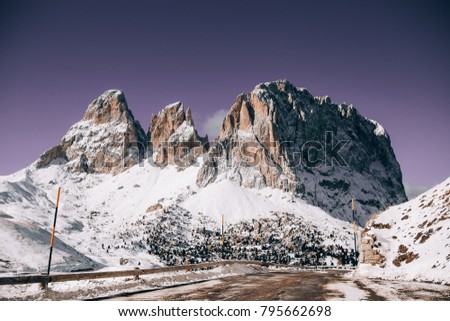 Snowy splendid mountains. Winter in the Dolomites Alps, South Tyrol, Italy. Val Gardena ski pass