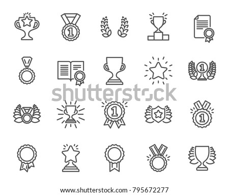 Awards line icons. Set of Winner medal, Victory cup and Laurel wreath signs. Reward, Certificate and Diploma message symbols. Glory shield, Prize and Rank star. Quality design elements. Vector Royalty-Free Stock Photo #795672277