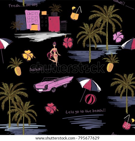 Beautiful seamless colorful island pattern on Black background. Landscape with palm trees,beach and ocean vector hand drawn style.