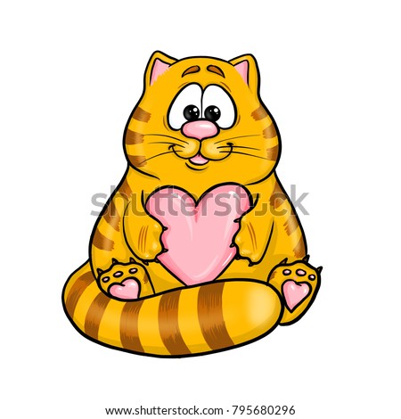 Cute cartoon cat with heart. Isolated without background. Good for sticker/ greeting card/ poster/ banner/ print/ webdesign. Orange kitten for love card / Valentine’s Day materials/ wedding invitation