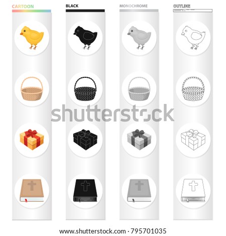 Easter is a Christian holiday cartoon black monochrome outline icons in set collection for design. Easter attributes vector symbol stock web illustration.